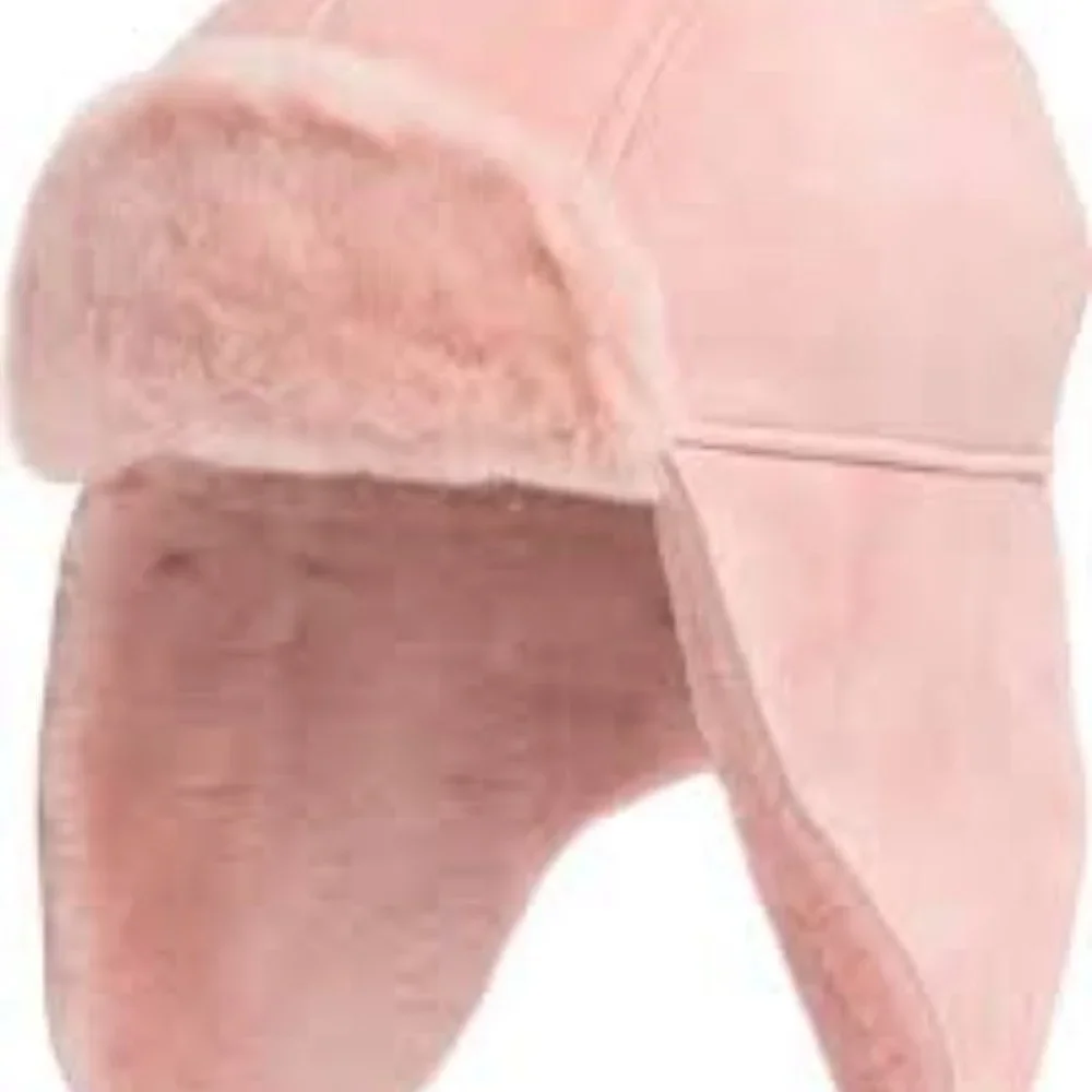 UGG KIDS LEATHER & REAL SHEARLING TRAPPER HAT AND MITTENS SET. SHEEPSKIN